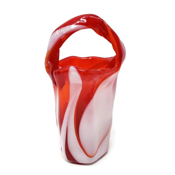 Vintage Red and White Hand Blown Art Glass Basket Vase 7" Tall - Picture 3 of 9